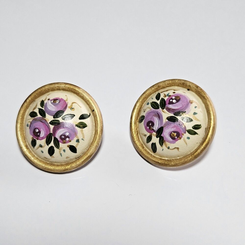 Vintage Circular Wooden Handpainted Purple Flower Cream Gold Earrings